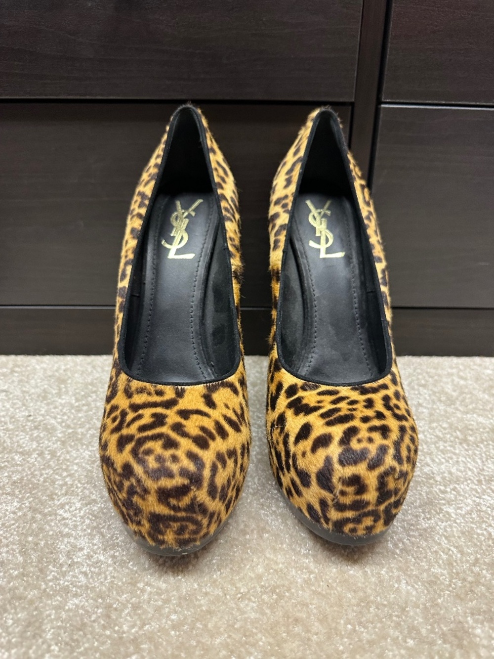 YSL Platform Leopard Calf Hair Pump
